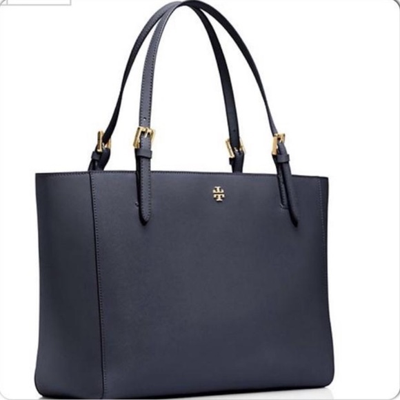 Tory Burch Emerson small saffiano leather careerwear office buckle blue tote bag